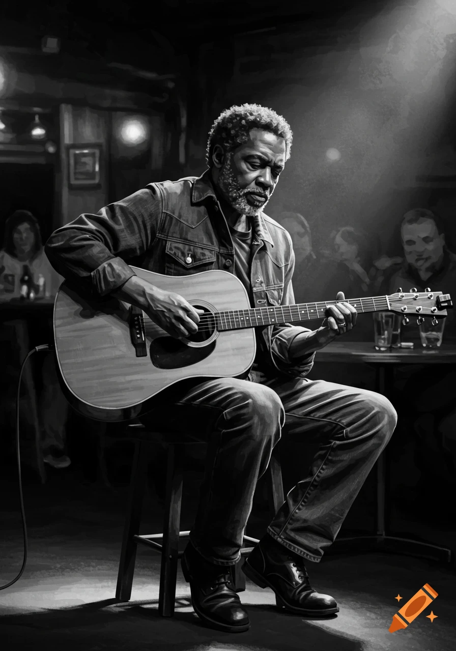 Black and white portrait of a man playing an acoustic guitar on a stool in a dimly lit bar.