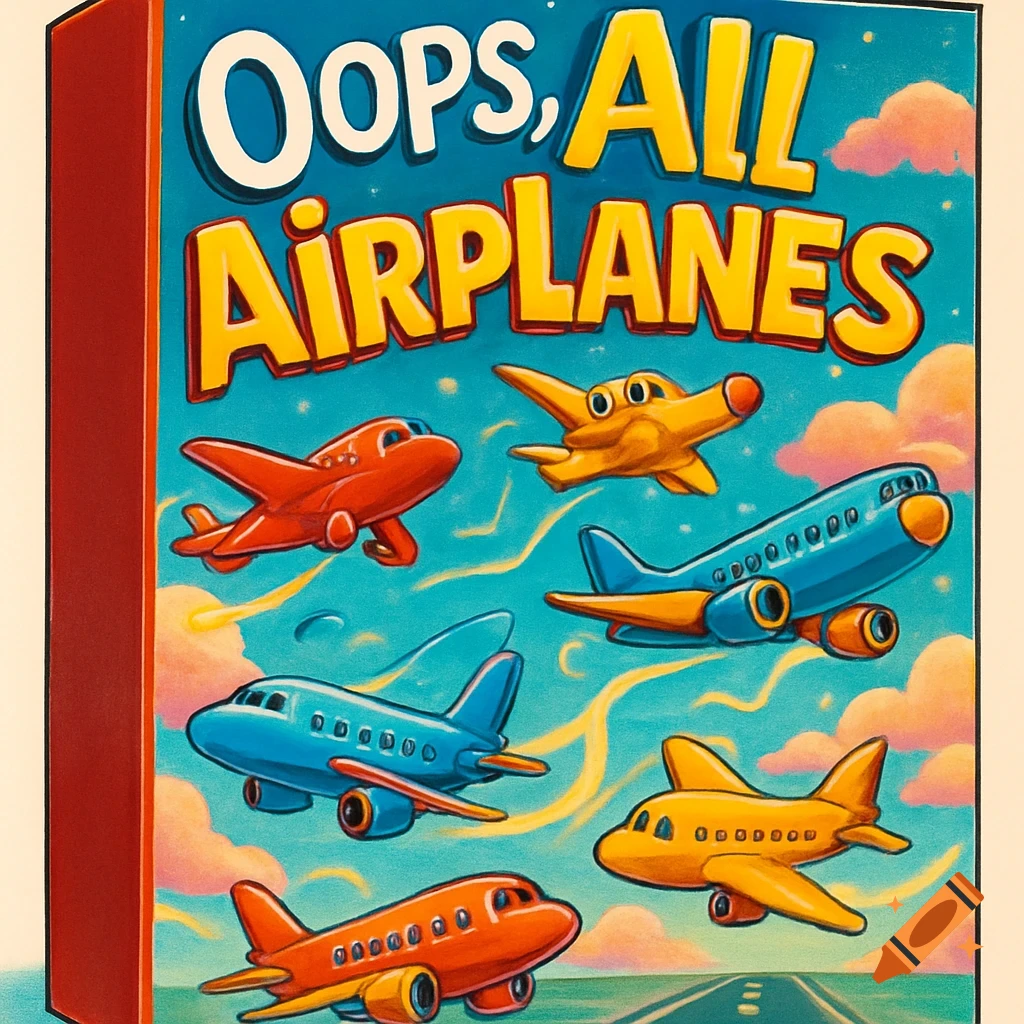 A colorful cartoon cereal box titled 'Oops, All Airplanes' featuring various cartoon airplanes flying under a blue sky.