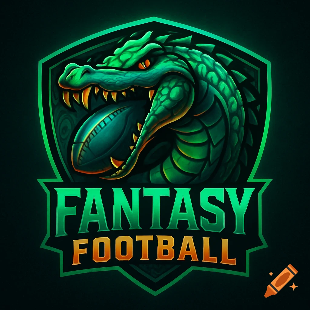 An illustrated green alligator head holding a football within a shield logo, with 'FANTASY FOOTBALL' text below.