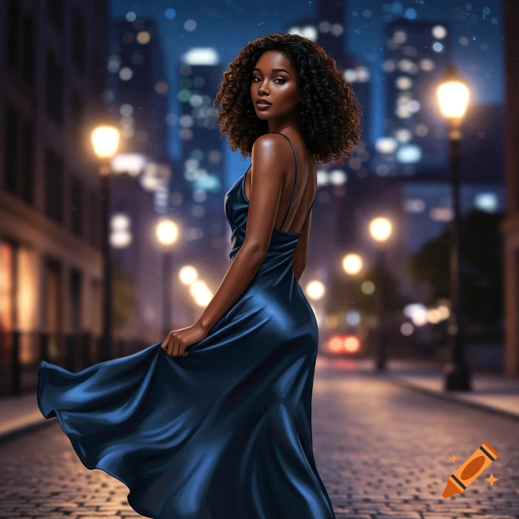A stunning woman in a flowing blue satin dress stands on a cobblestone street at night, looking over her shoulder.