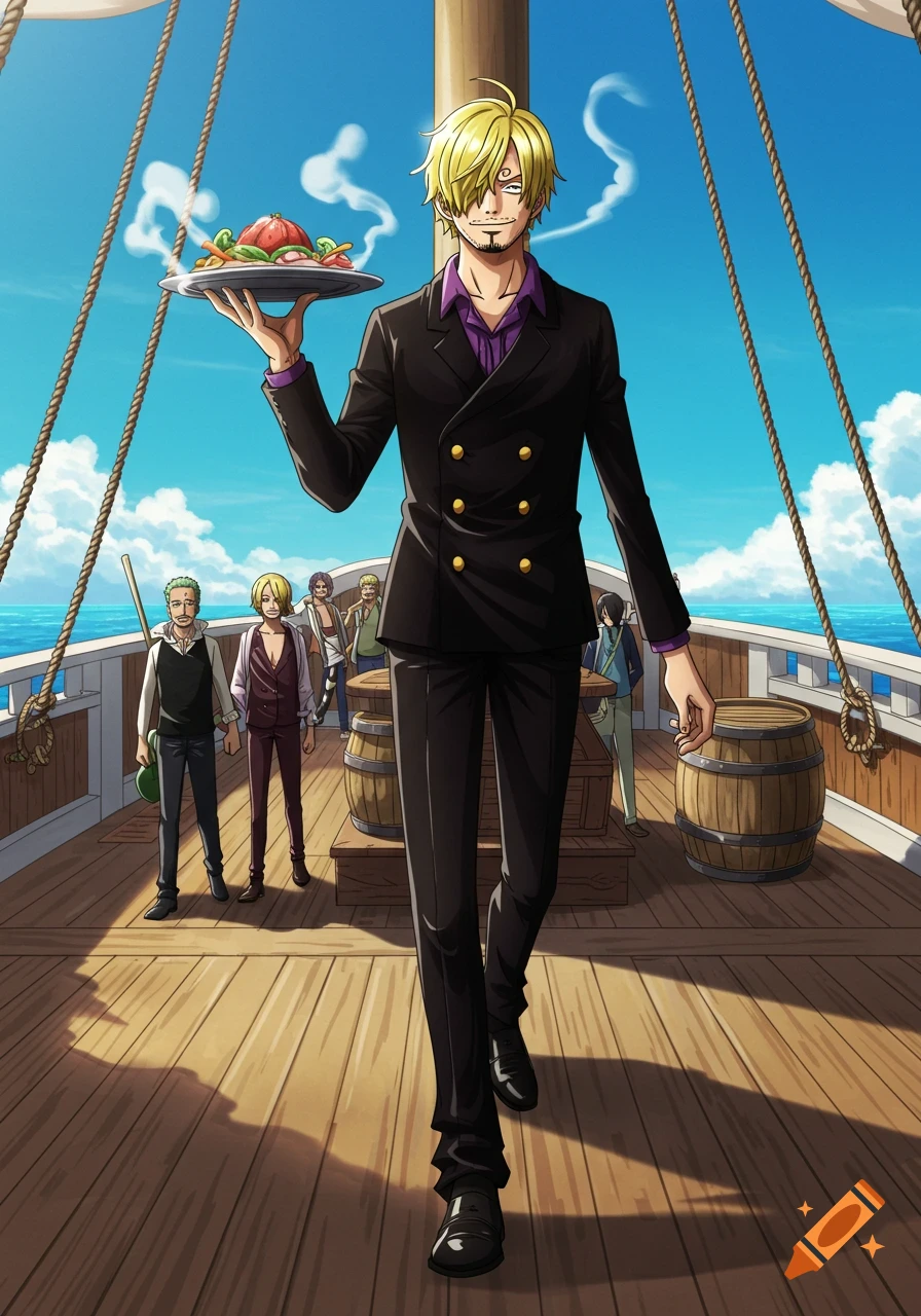 Sanji from One Piece, a blond man in a black suit, holds a plate of steaming food on a ship deck with other anime characters.