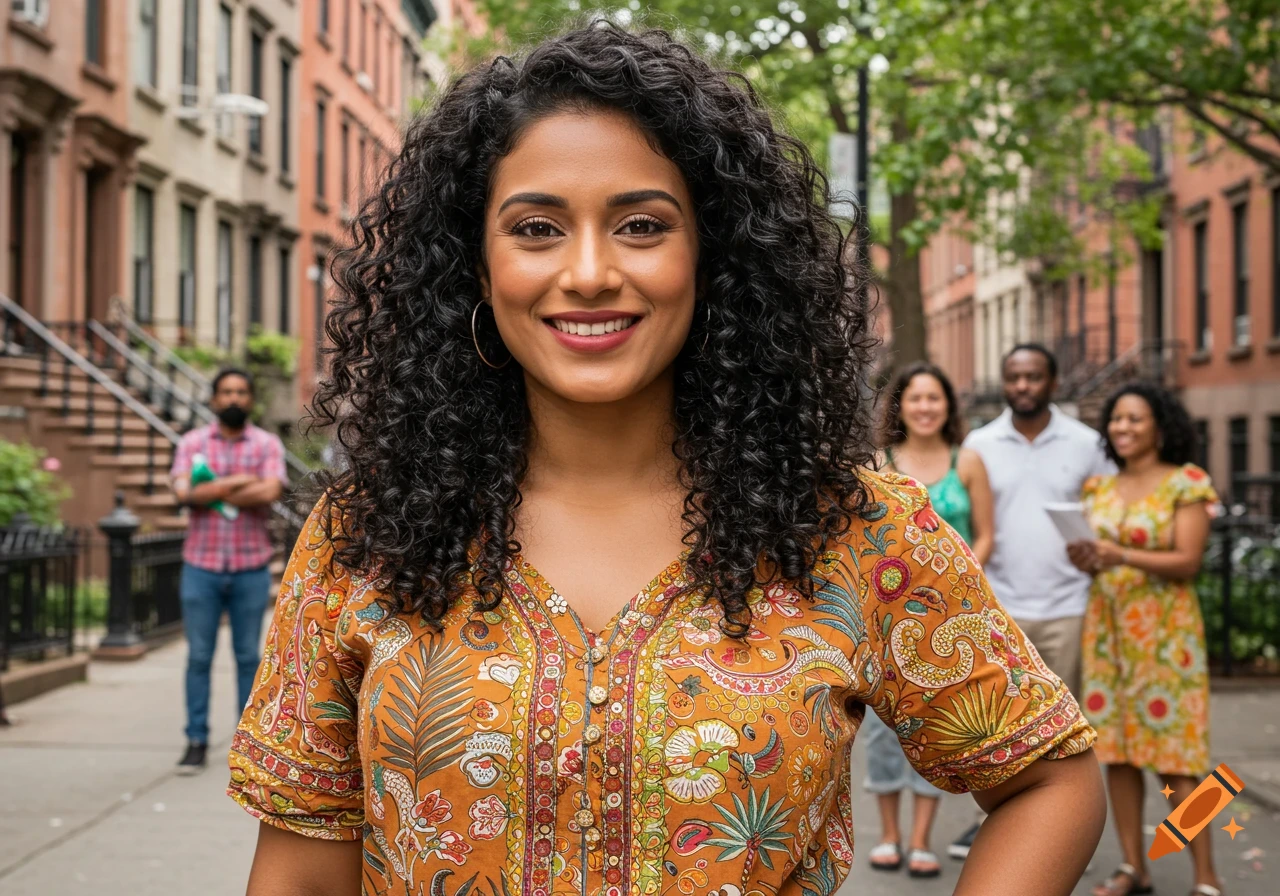 Smiling Indian Caribbean woman with curly hair on a city street with brownstone buildings and blurred people.