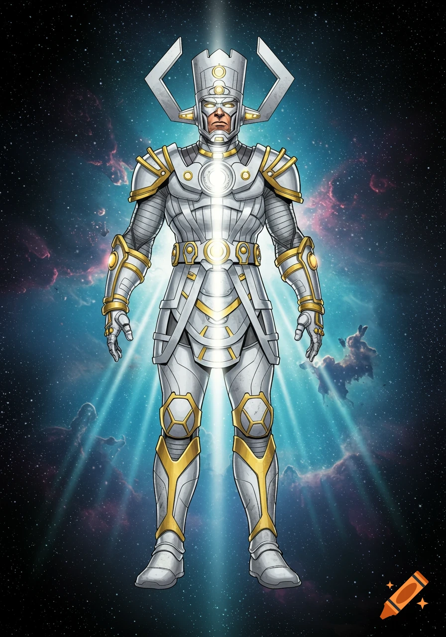 A comic book style illustration of Galactus, wearing shining white and gold armor, standing in space against a cosmic background.