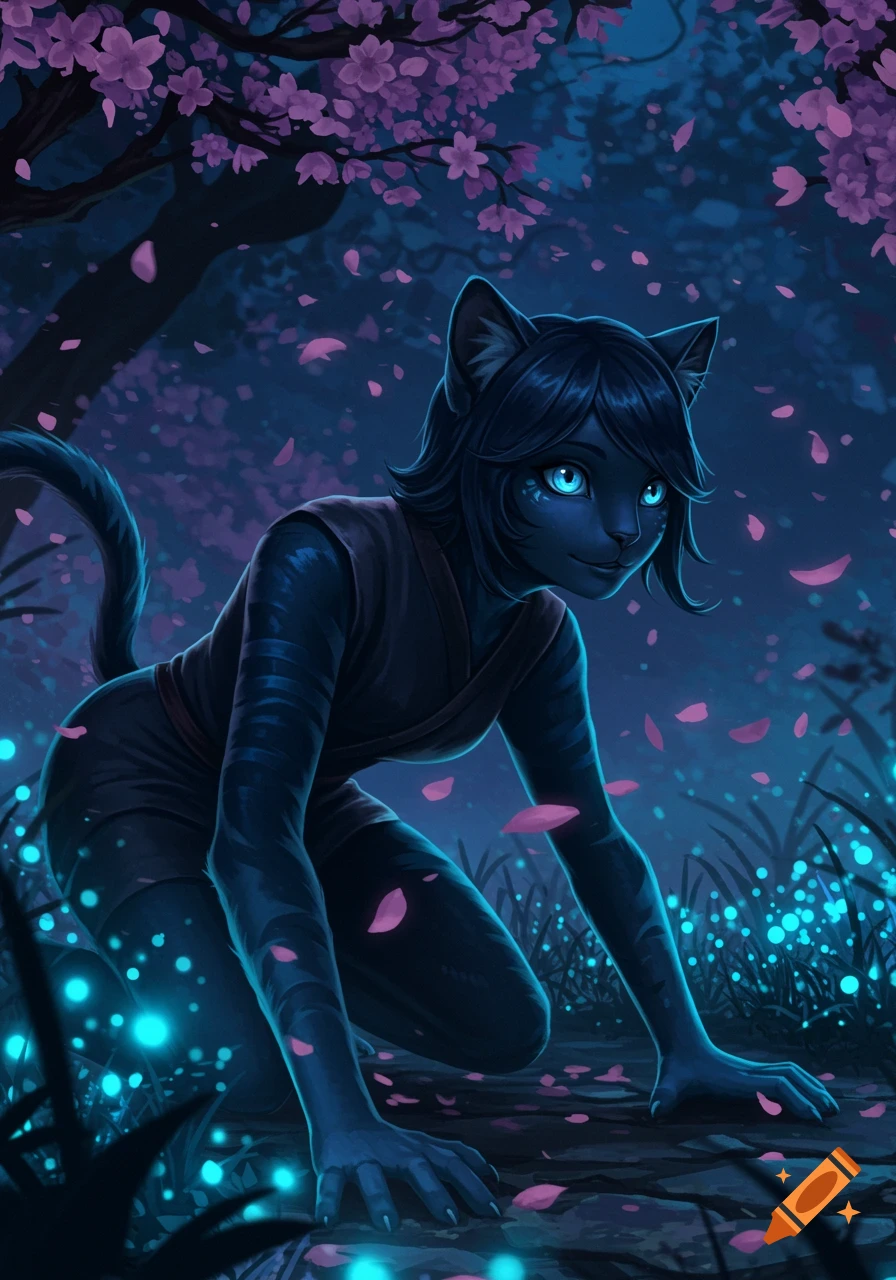 A dark-furred cat-person with glowing blue eyes crawls in a mystical purple forest with falling pink blossoms and glowing blue plants. Anime style.