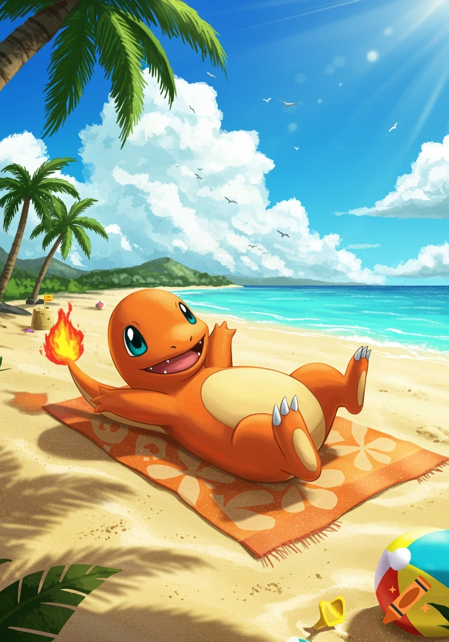 A cartoon Charmander sunbathing on a sandy beach with palm trees and a blue ocean under a sunny sky.
