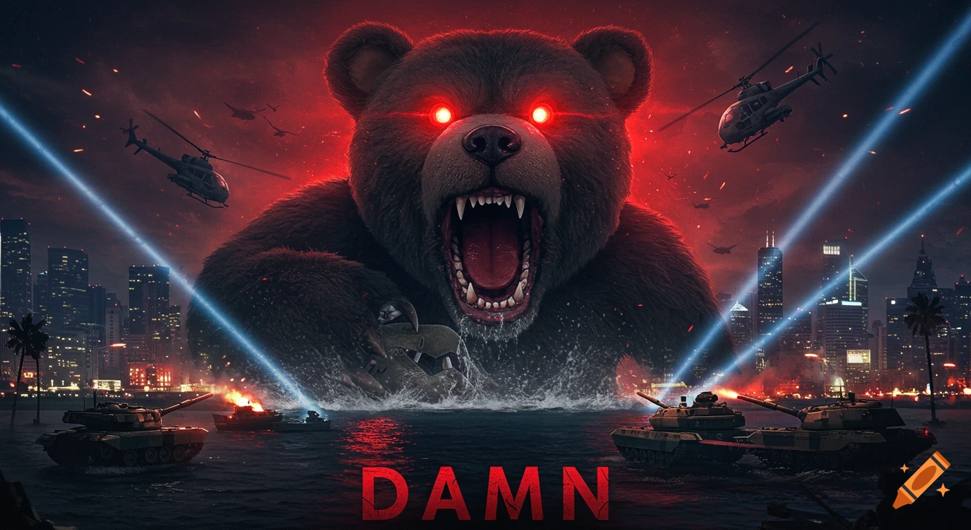 A dramatic movie poster shows a terrifying giant brown bear with glowing red eyes attacking a city bay, surrounded by helicopters and tanks.