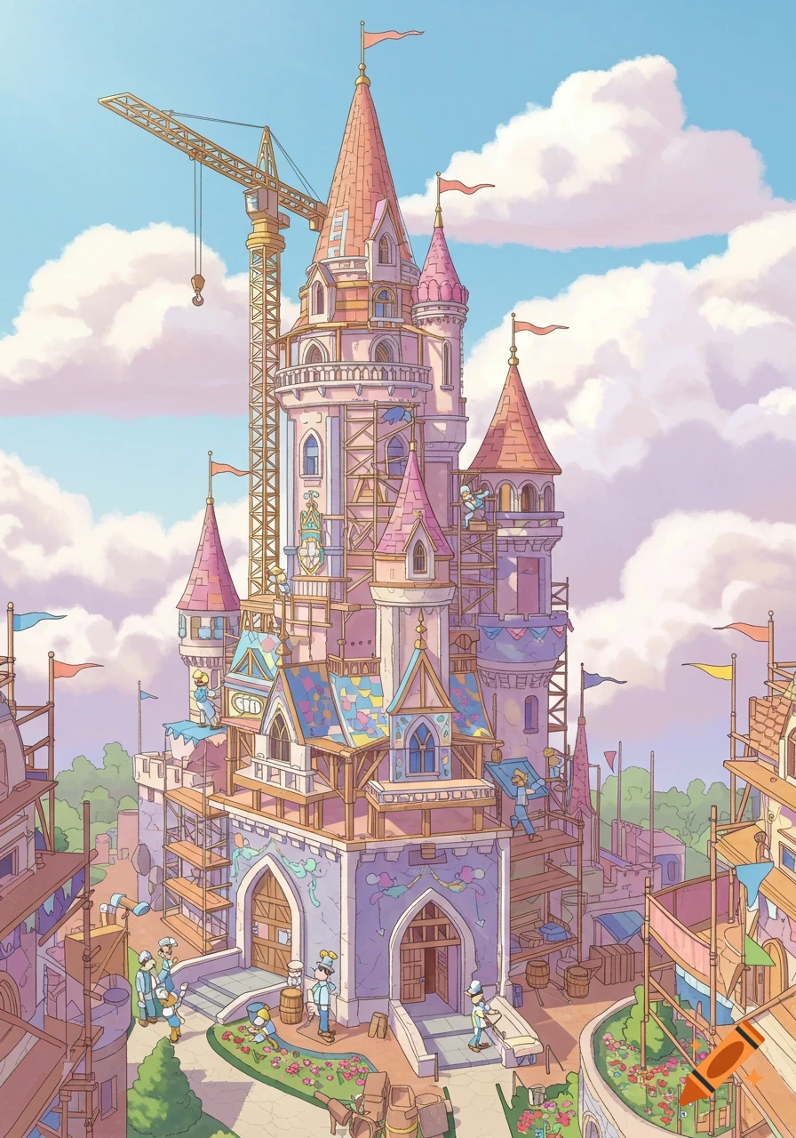 A whimsical, pastel-colored castle is under construction with scaffolding, a crane, and small cartoon workers around it.