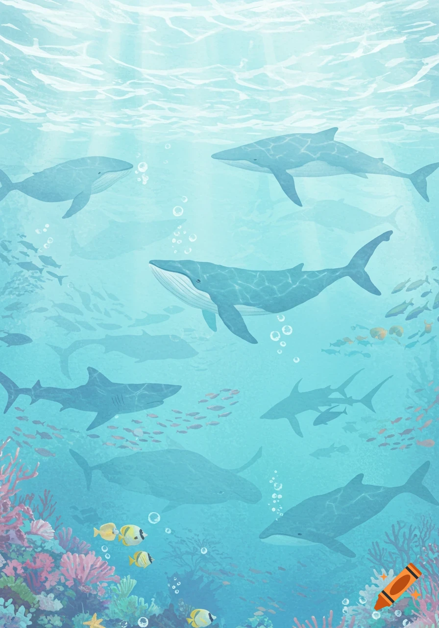 A dreamy watercolor illustration of an underwater scene with whales, sharks, and fish swimming among coral reefs.