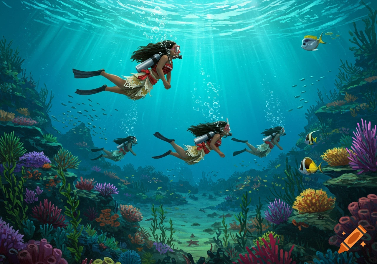 Animated Moana-like characters scuba dive through a vibrant underwater coral reef with fish and sunlight.