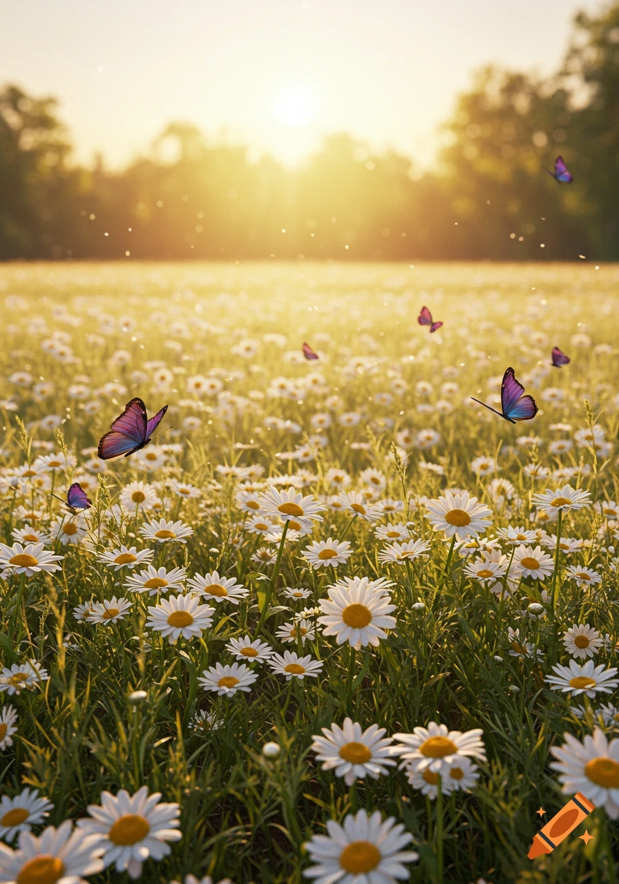 A vibrant field of white daisies under a golden sunset, with colorful butterflies fluttering amongst the flowers. Photorealistic.