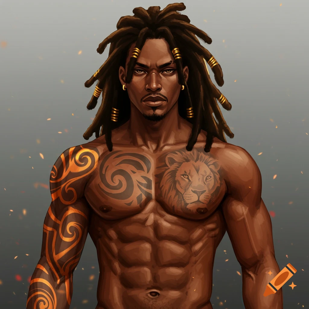 Anime-style portrait of a muscular Black man with dreadlocks, gold hair beads, and tribal and lion chest tattoos.
