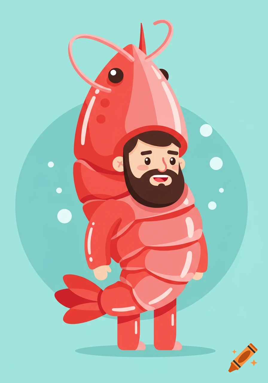 A cartoon bearded man wearing a full red shrimp costume against a blue background.