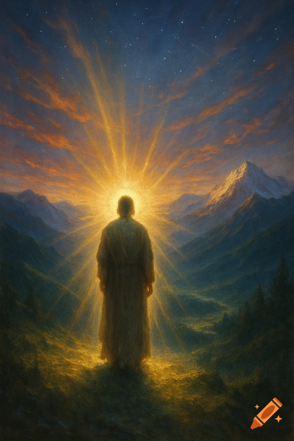 A robed figure stands on a grassy hill, back to viewer, facing a radiant sunrise over mountains in a painterly style.