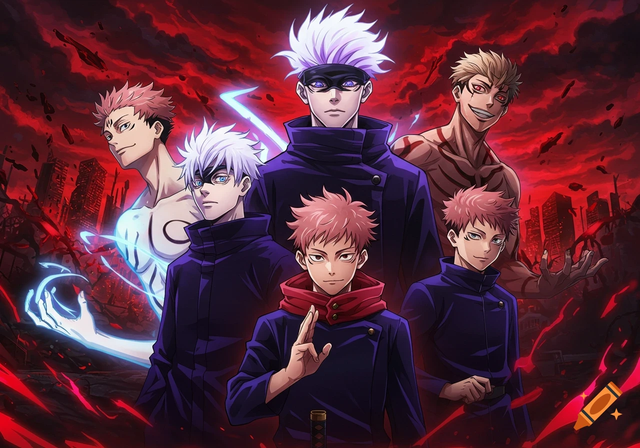A group of anime men from Jujutsu Kaisen with varied hair colors, including white, pink, and blonde, stand against a dramatic red, ruined city background.