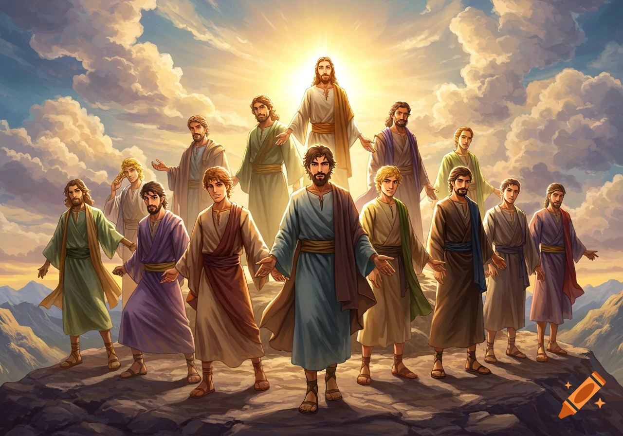 Jesus and twelve apostles stand on a mountain under a glowing sky in anime style.