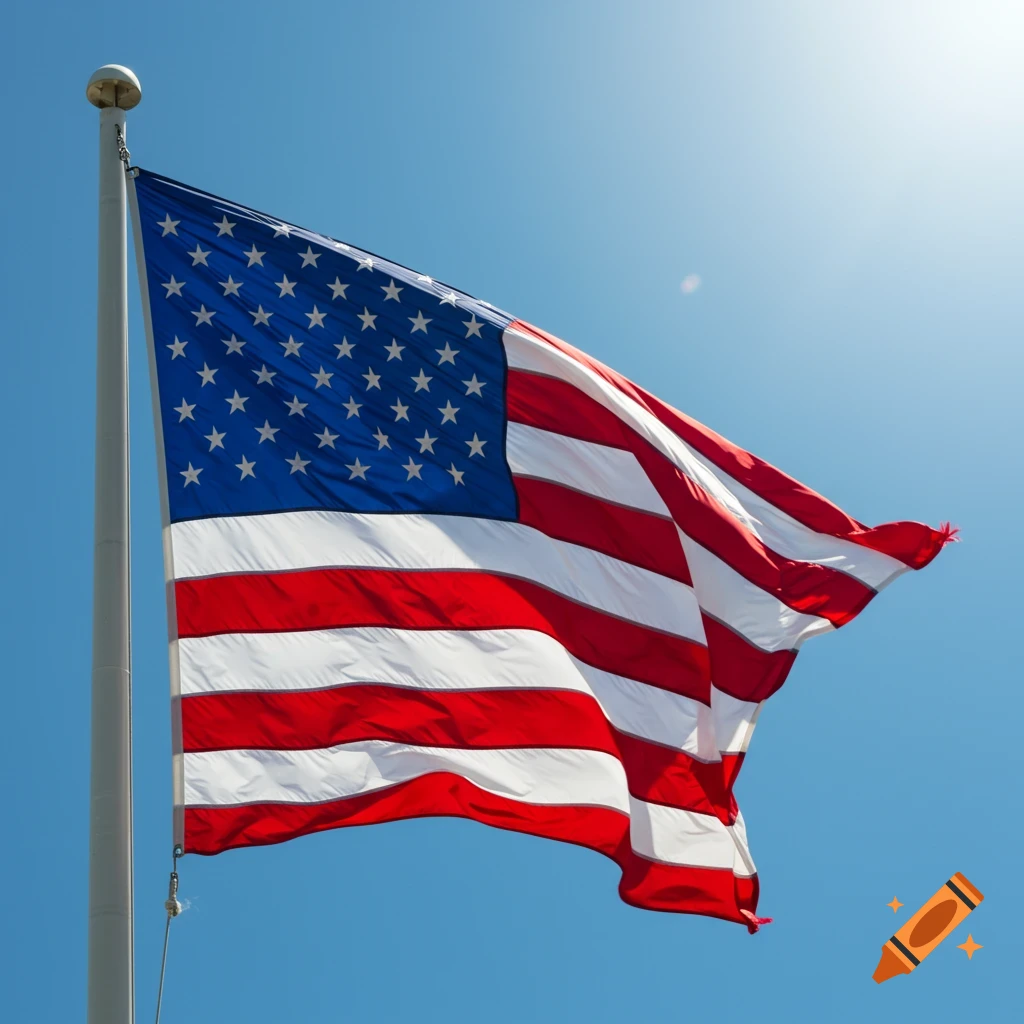 An American flag waves on a flagpole against a bright blue sky.