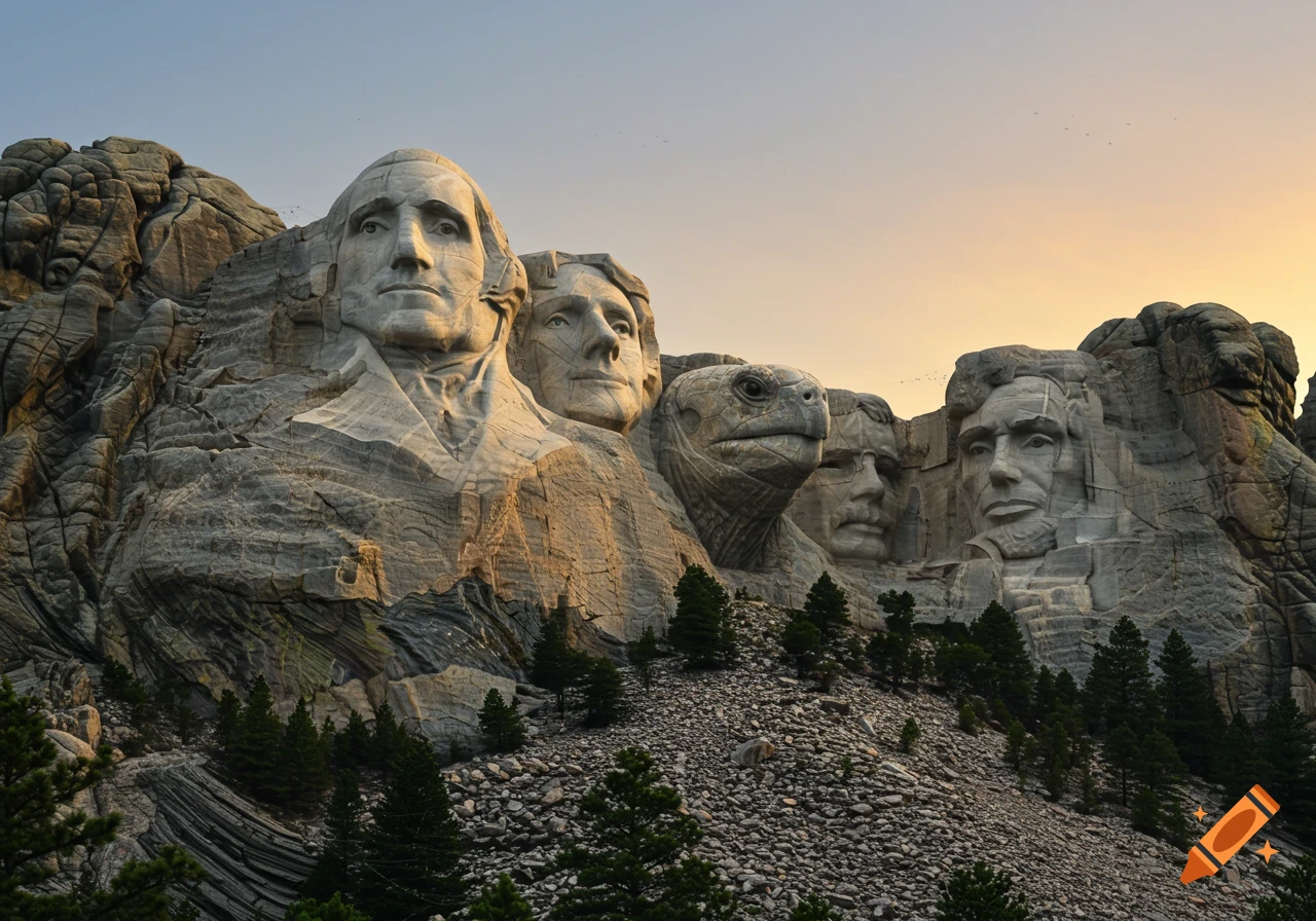 Mount Rushmore with the face of a tortoise replacing one of the presidential carvings, bathed in golden light.