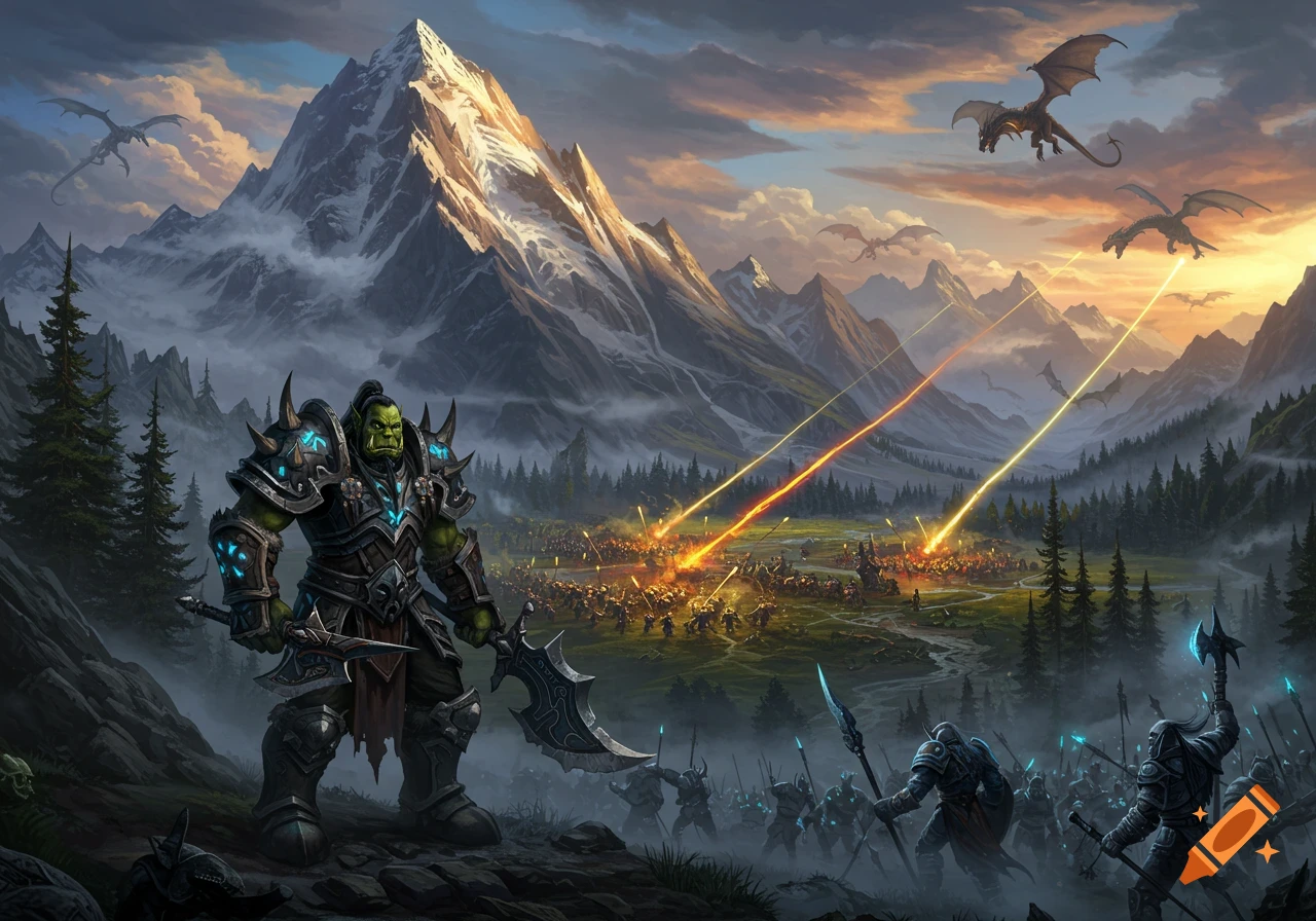 A massive green orc in armor overlooks a fantasy battlefield where armies clash under dragons firing beams, set against mountains at sunset.