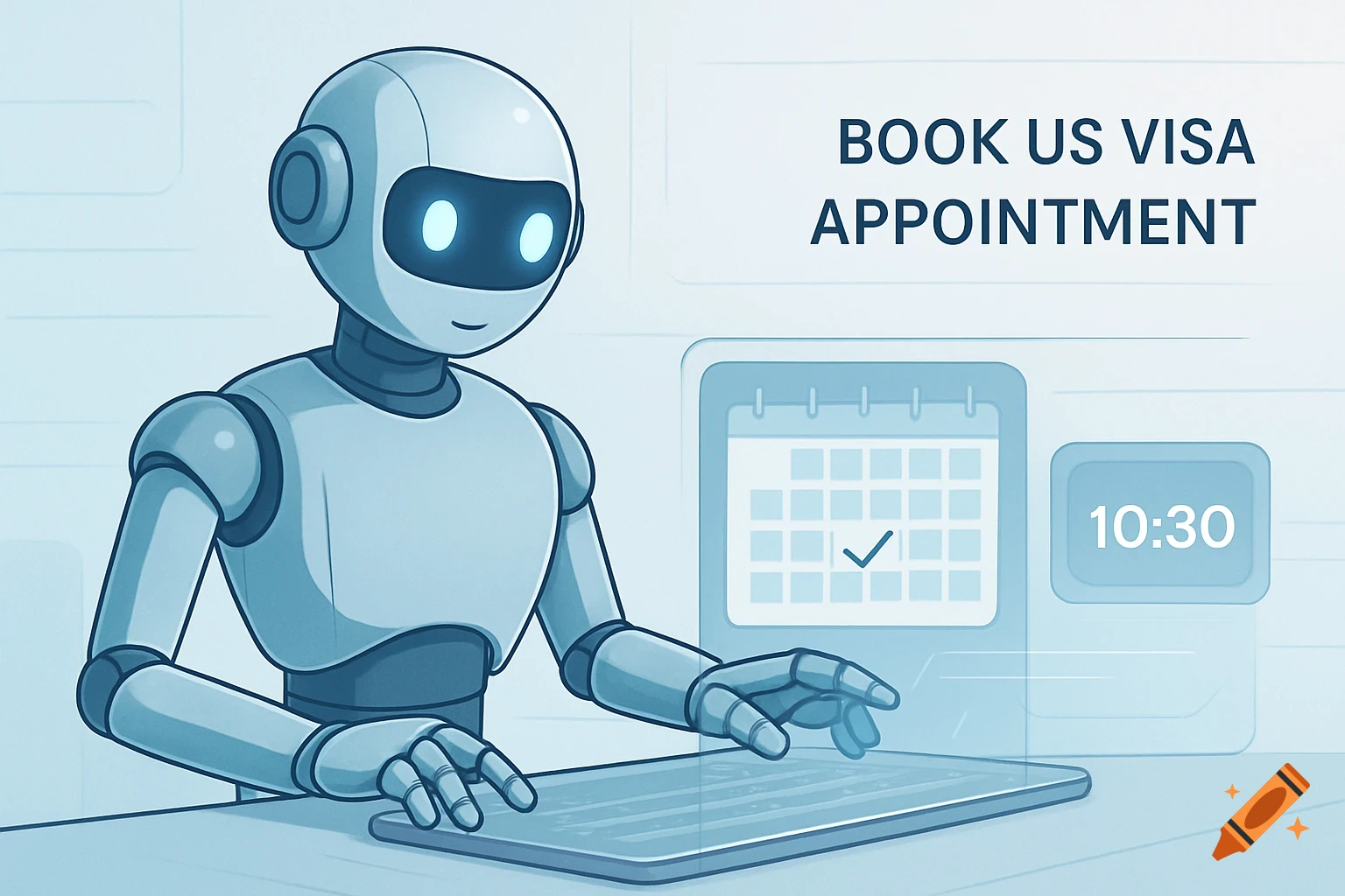 An illustration of a friendly robot at a desk, typing on a digital interface to book a US visa appointment, with a calendar and clock showing 10:30.