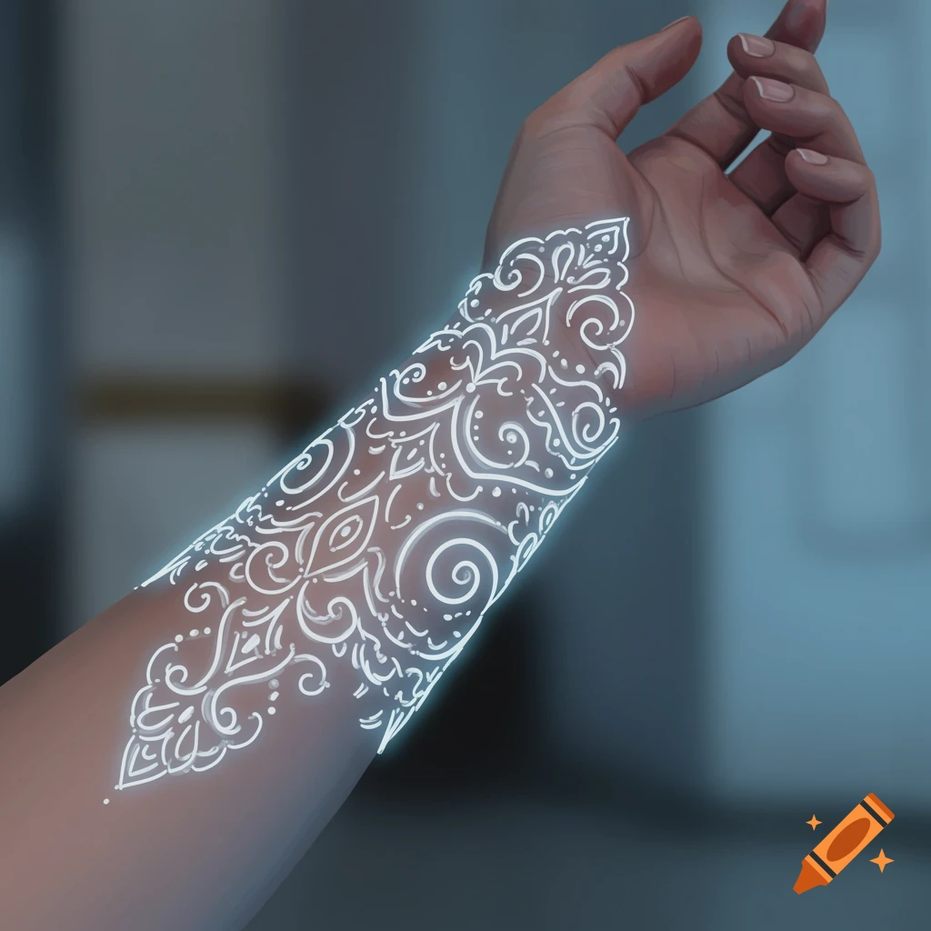 A hand and forearm with a detailed white glowing pattern wrapping around the skin.