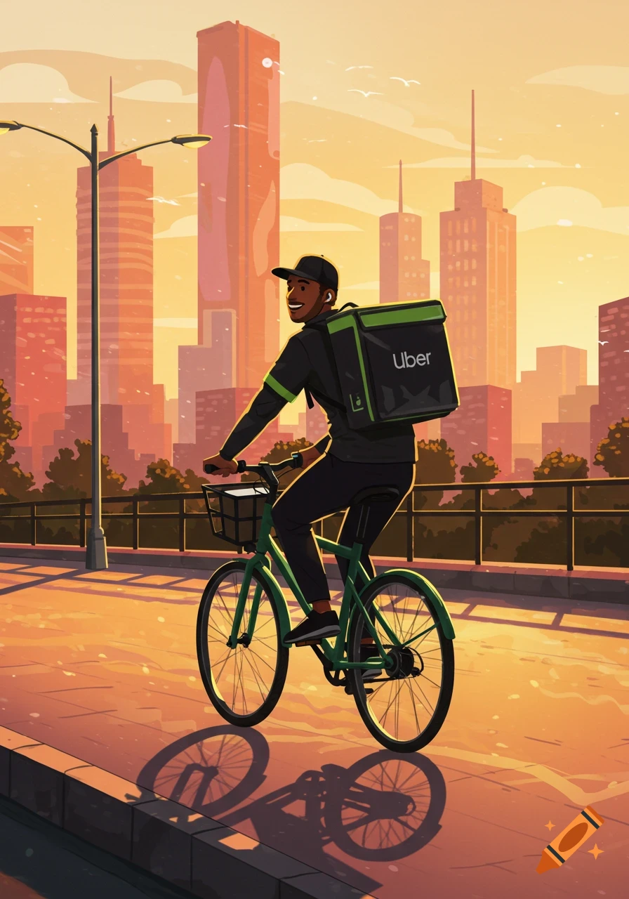 Illustration of a smiling Uber delivery rider on a bicycle against a city skyline at sunset.