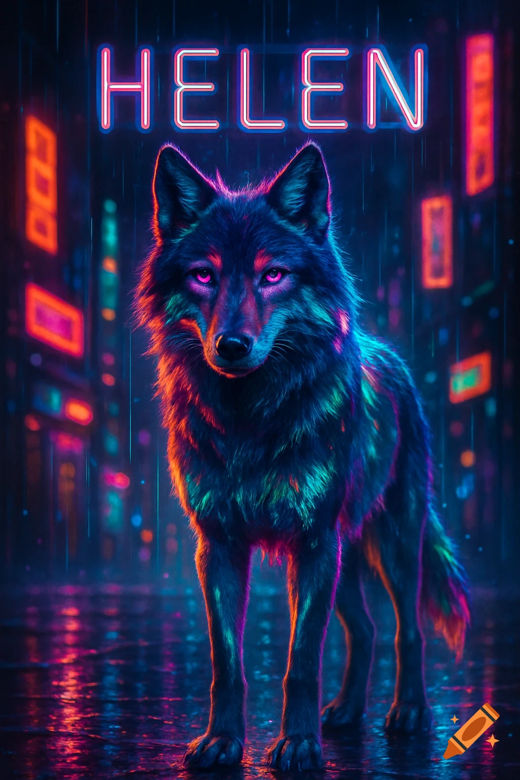 A neon wolf stands in a futuristic city with glowing buildings and rain, the name 'HELEN' in neon script above.