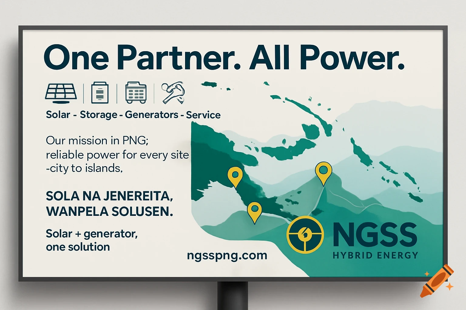 A modern billboard advertising NGSS Hybrid Energy, featuring a map silhouette of Papua New Guinea, solar and generator icons, and text about reliable power solutions.