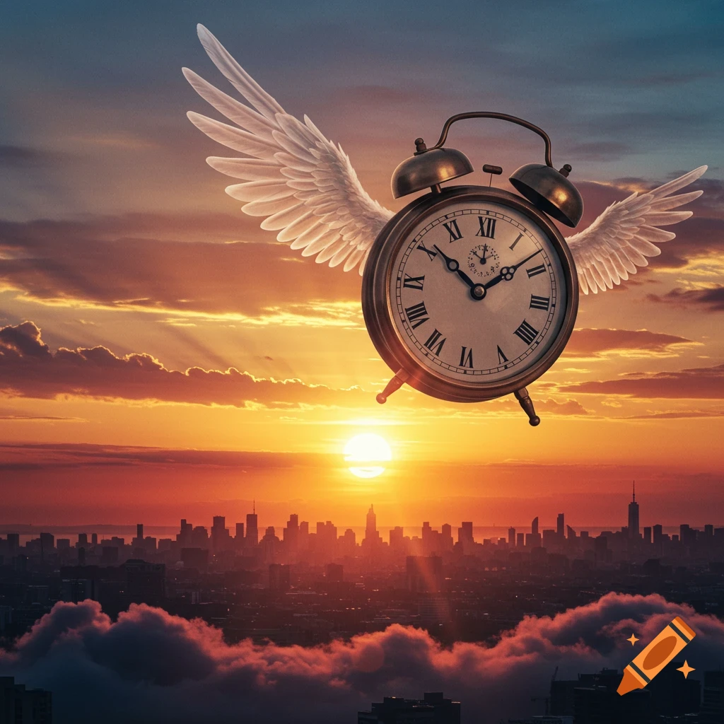 A winged alarm clock flies over a city skyline at sunset, with warm orange and purple clouds.