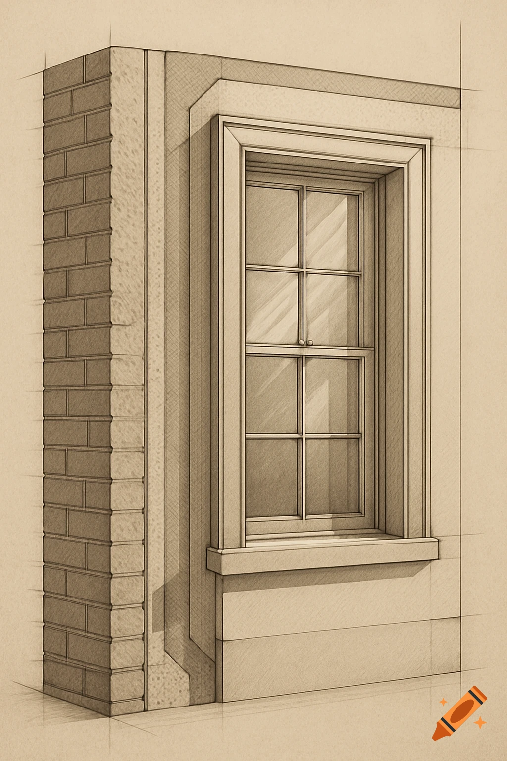 A sepia-toned architectural sketch of a wall corner with a detailed window frame and brickwork.