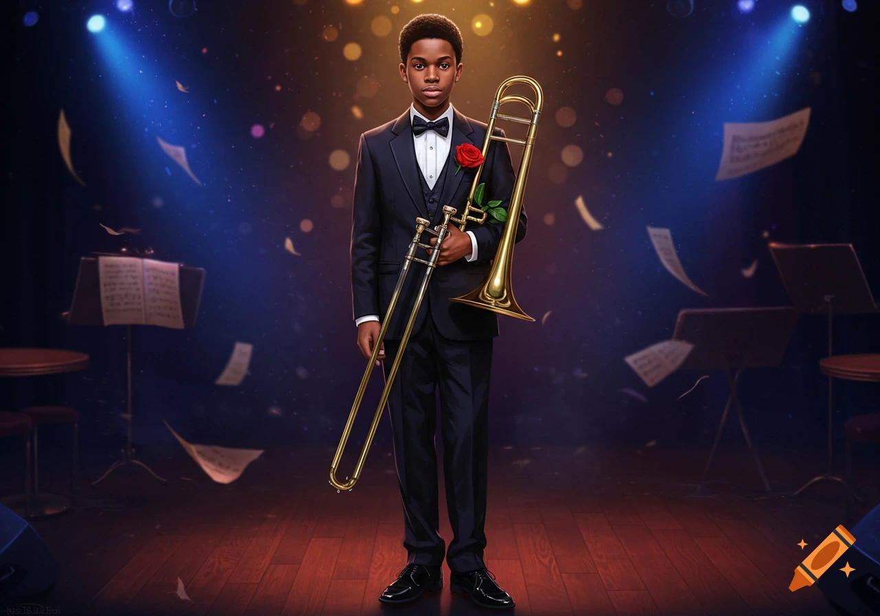 An illustration of a young Black man in a black suit with a red rose, holding a trombone on a jazz concert stage with spotlights and floating sheet music.