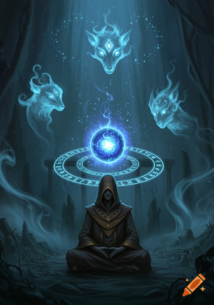 A robed figure meditates in a dark, mystical setting, surrounded by glowing blue runes, a magical orb, and three ethereal spirit animals.