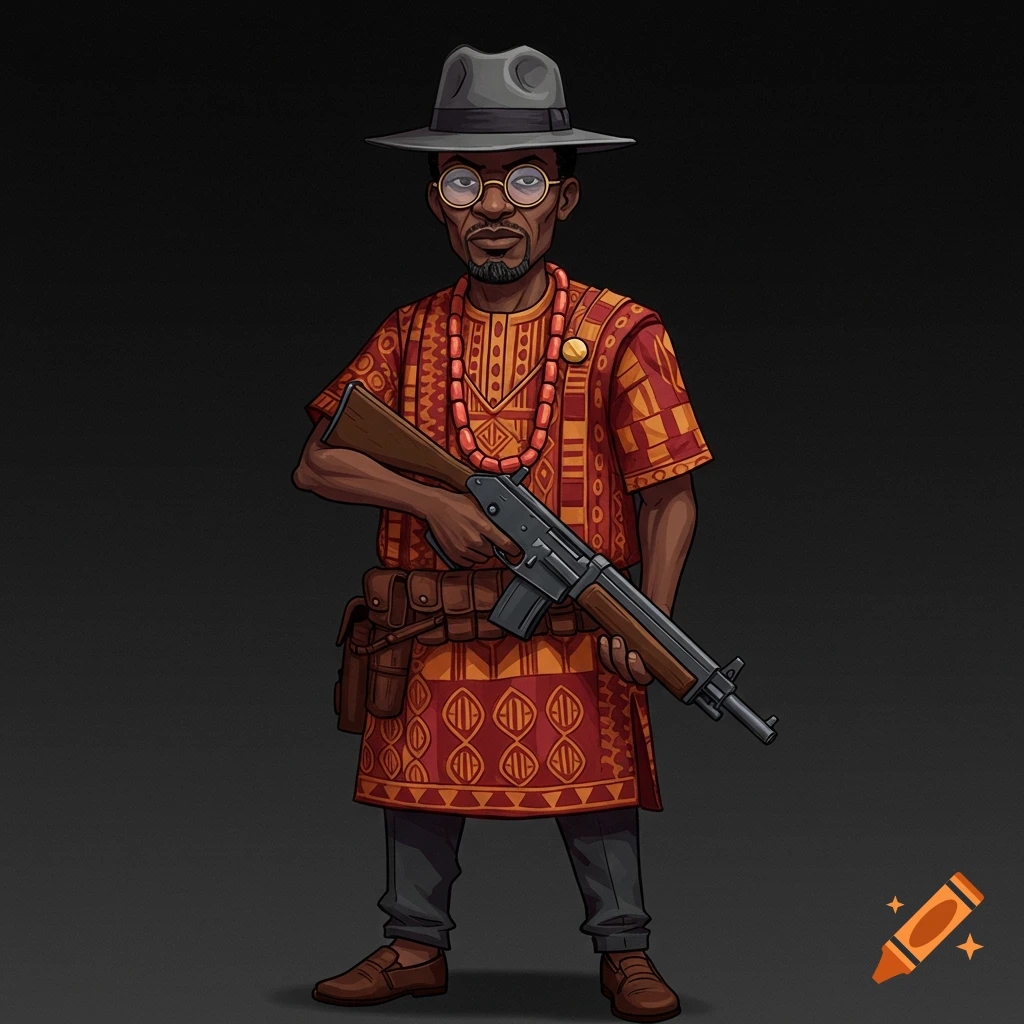 A cartoonish 2D video game sprite of a Nigerian man in a traditional patterned tunic and a grey hat, holding a rifle.
