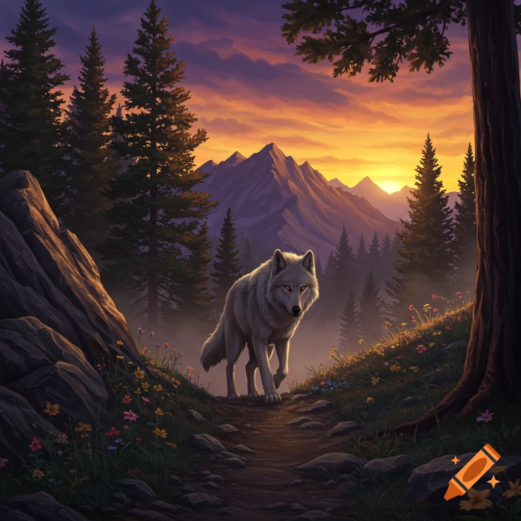 A gray wolf with glowing eyes walks on a path through a forest during a vibrant sunset, with mountains in the background.