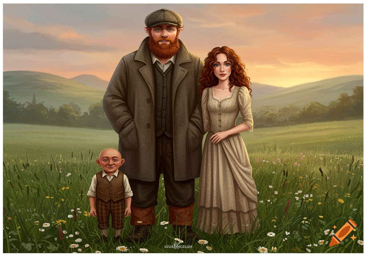 Illustration of a bearded man, a woman, and a small bald man in a grassy field with hills at sunset.
