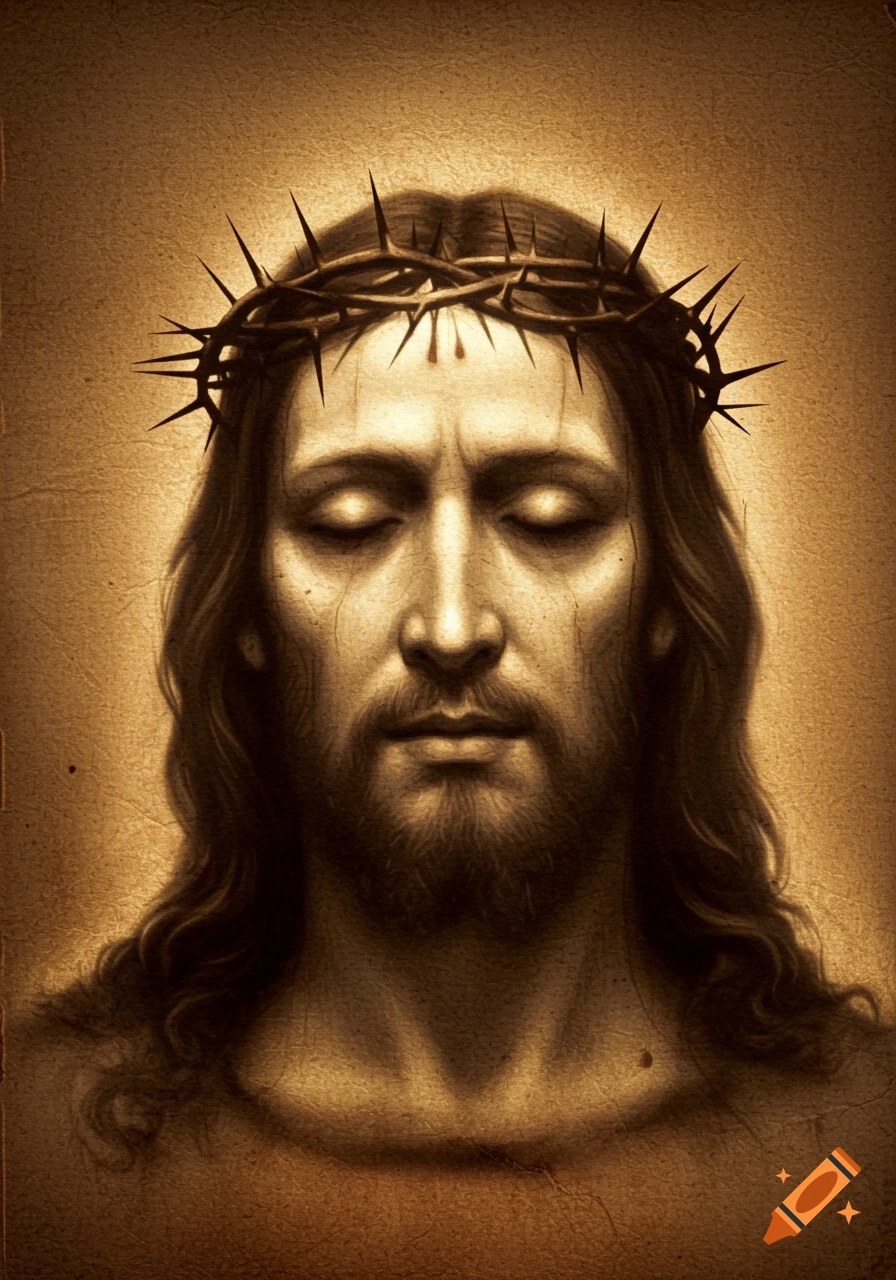 Sepia-toned portrait of Jesus Christ with closed eyes, wearing a crown of thorns, depicted in an aged, textured style.
