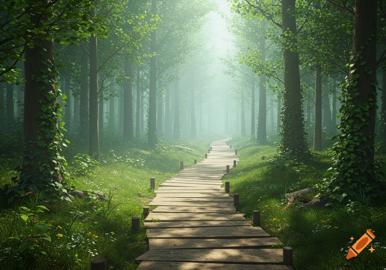 A wooden path winds through a lush, misty green forest filled with tall trees and wildflowers, bathed in soft light.