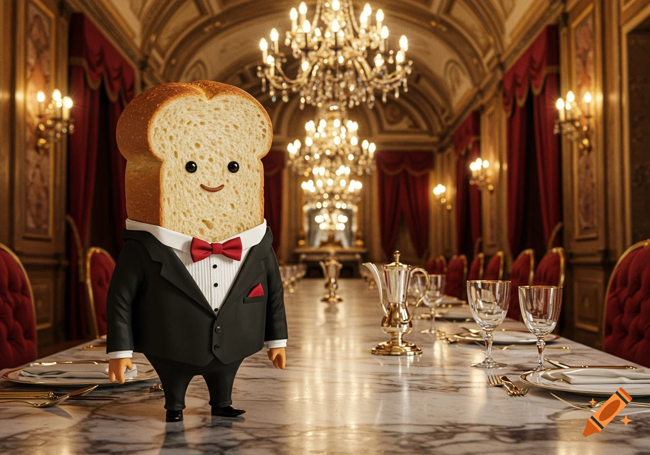 A smiling slice of bread wearing a tuxedo and red bow tie stands on a marble table in a grand, chandelier-lit ballroom.