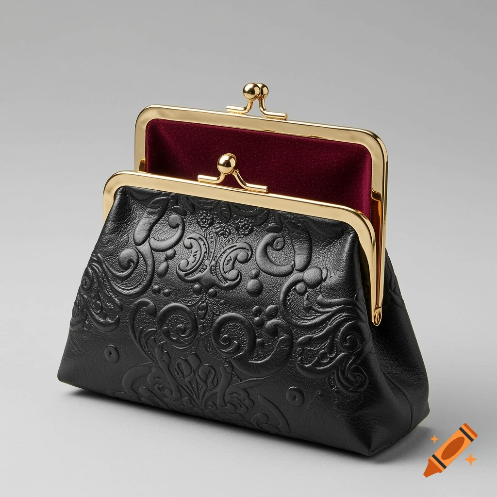 A black leather embossed coin purse with a gold clasp, open to reveal a deep red velvet interior, against a gray background.