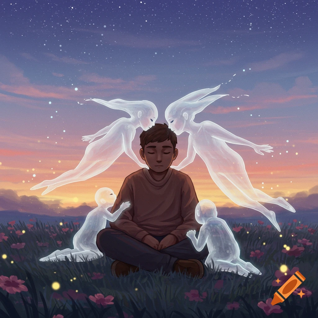 A man meditates in a field of flowers under a starry twilight sky, surrounded by four glowing, ethereal ghost-like figures, one of which leans to kiss his head.