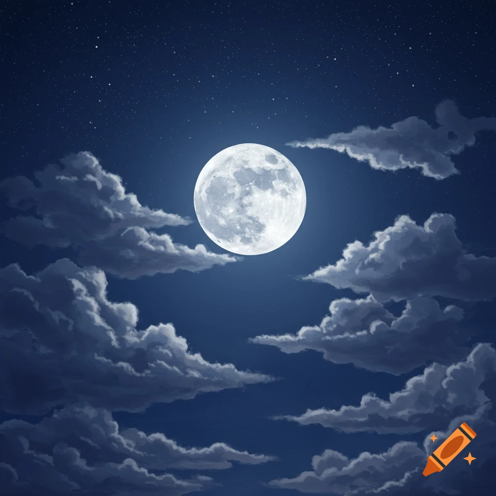 A full moon shines brightly in a dark blue night sky, surrounded by fluffy white and gray clouds and tiny stars.