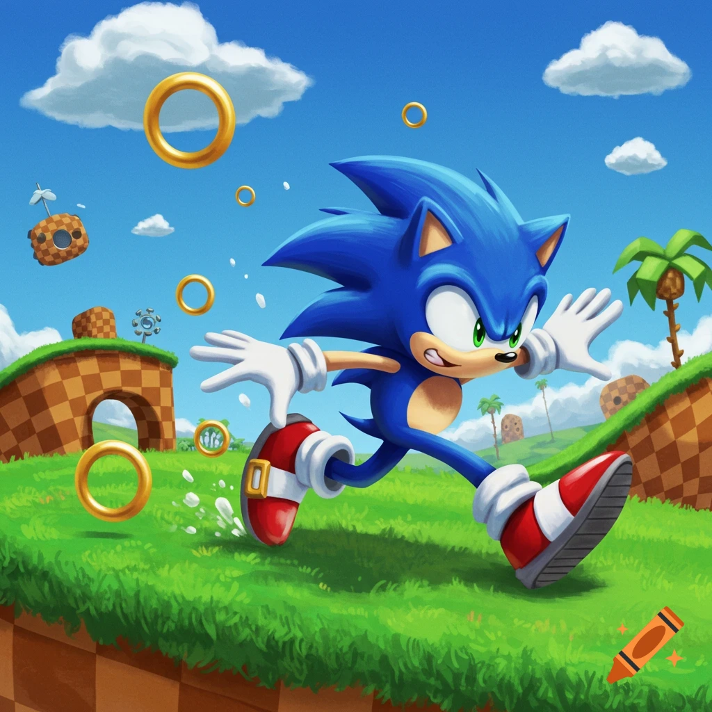 Sonic the Hedgehog running through a green hill zone with golden rings in a vibrant, stylized digital illustration.
