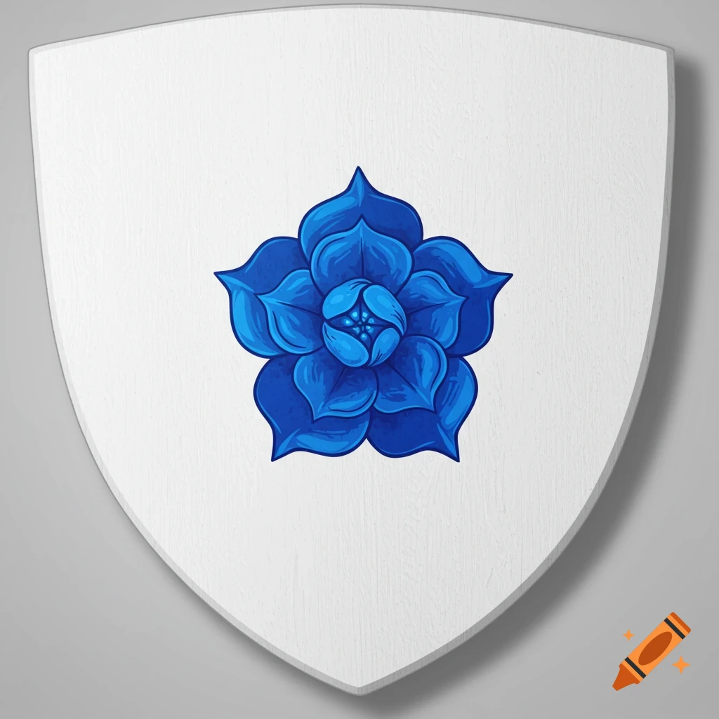 A blue, five-petaled rose resembling a star on a white wooden shield.