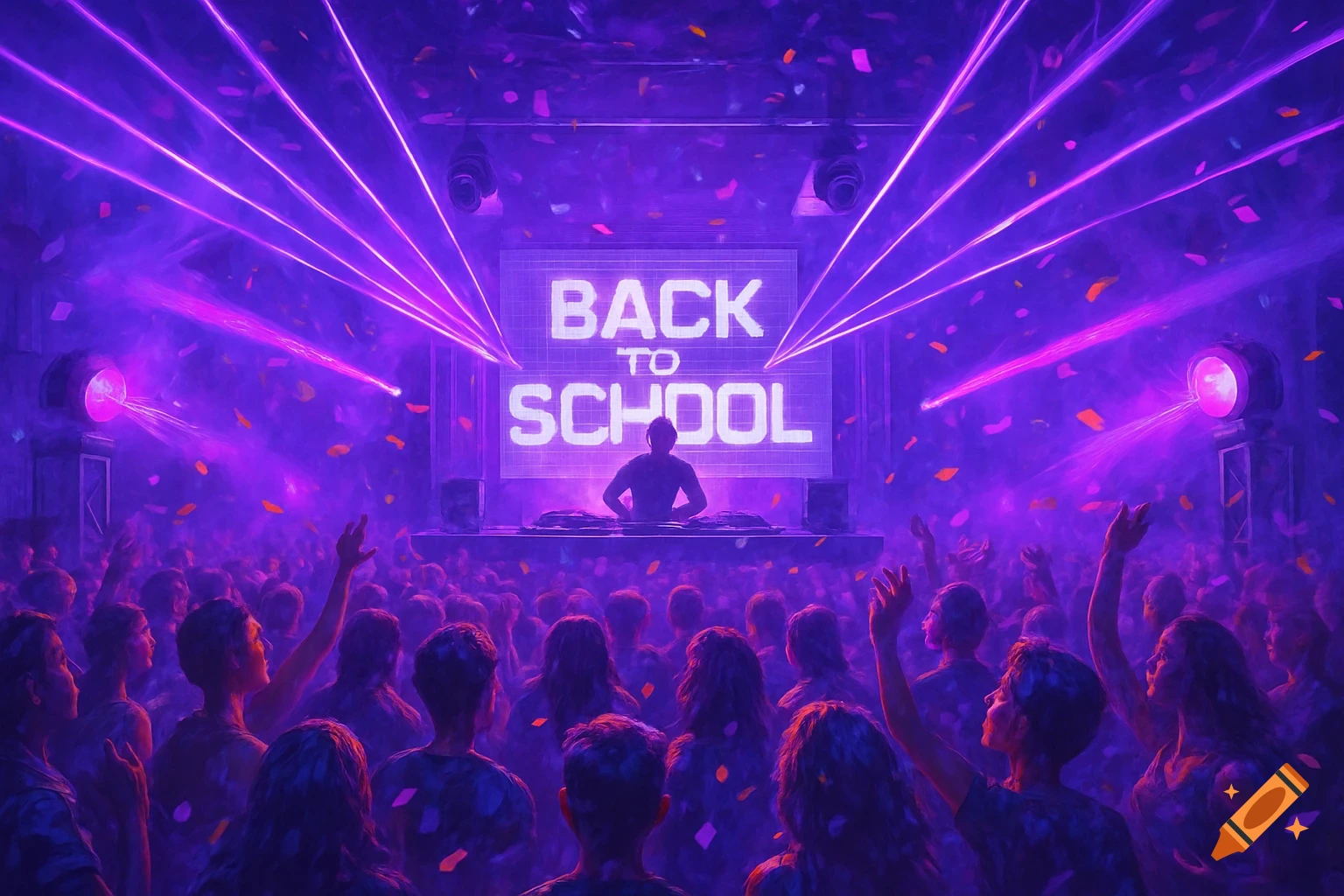 A vibrant purple-lit dance floor scene with a DJ on stage in front of a screen displaying "BACK TO SCHOOL," surrounded by a crowd.