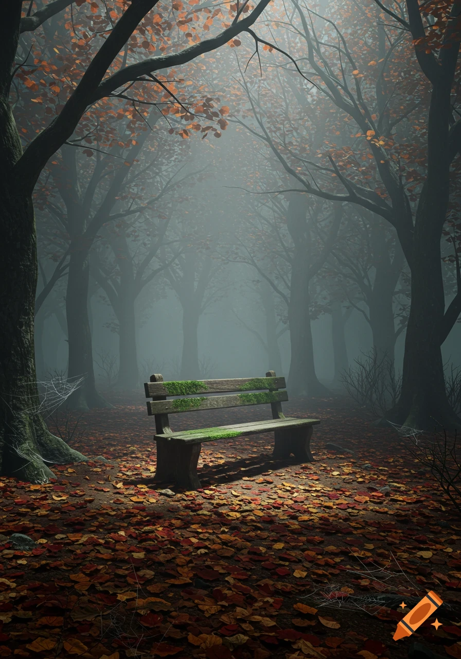 A wooden bench covered in moss sits in the middle of a foggy, autumnal forest with fallen red and orange leaves.