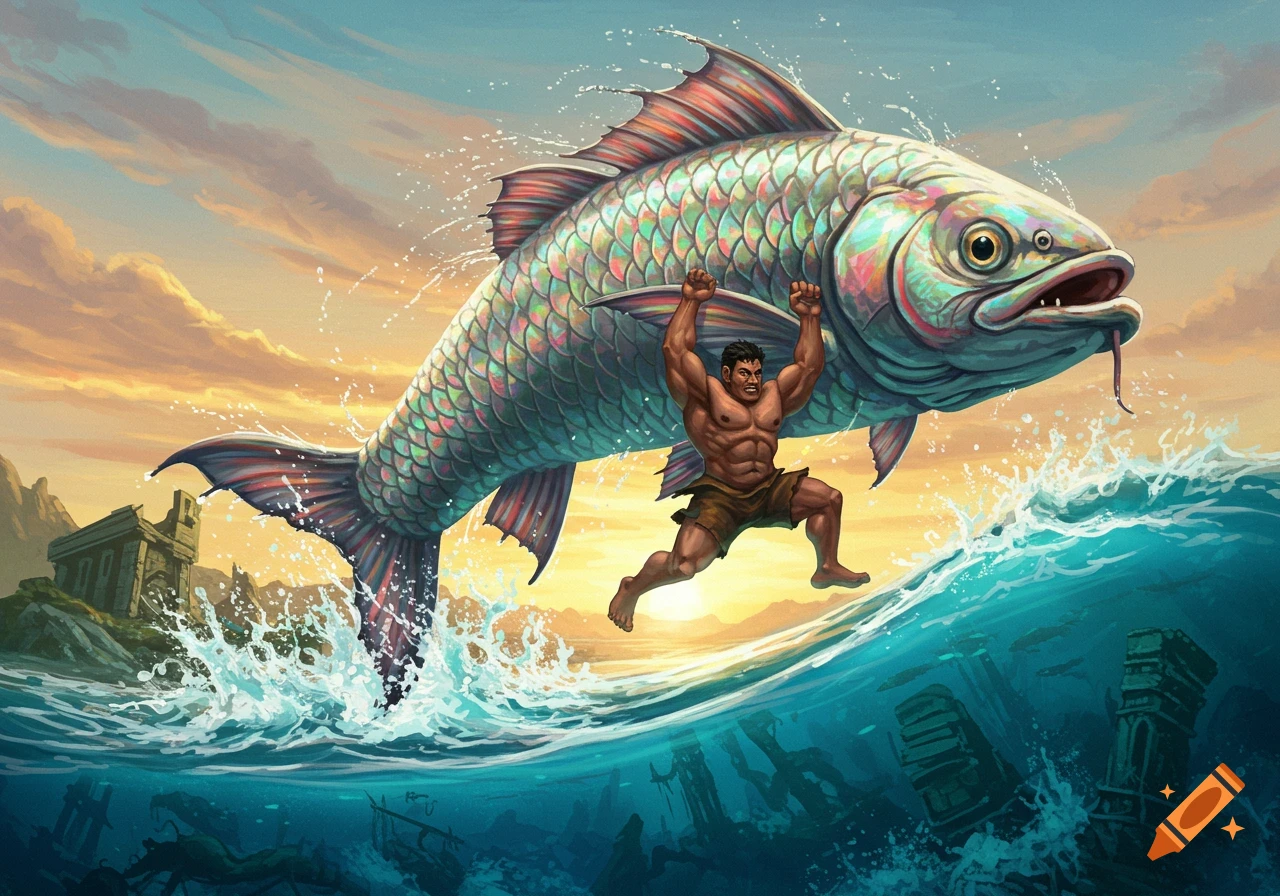 A muscular man rides a giant colorful fish jumping from the ocean next to ancient ruins at sunset, in an illustrative style.