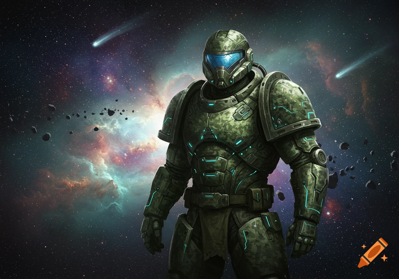 A sci-fi space marine in green camouflage power armor with glowing blue accents stands in front of a colorful nebula and asteroid field.