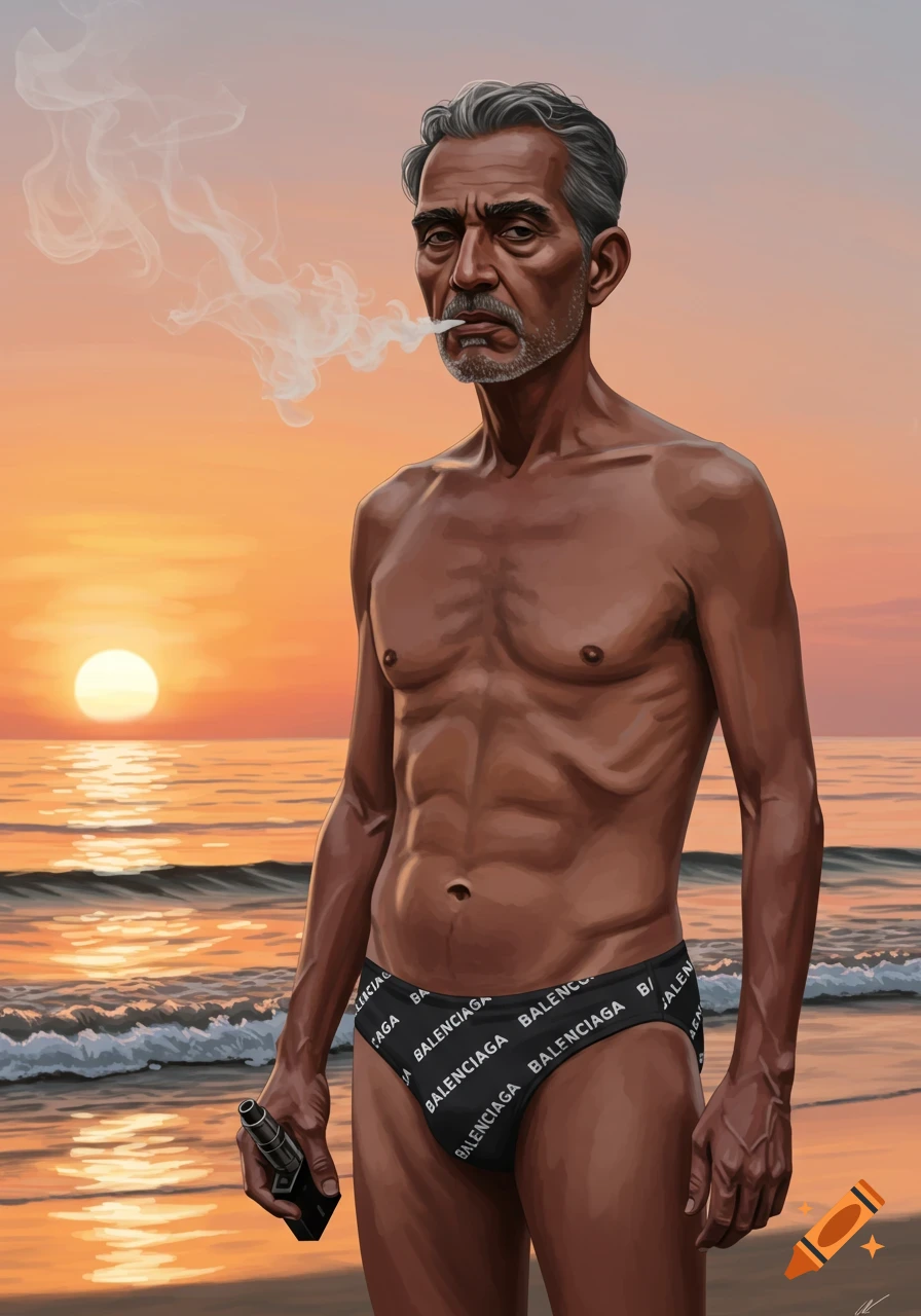 Illustrative portrait of an older Latino man vaping on a beach at sunset, wearing a Balenciaga swimsuit.
