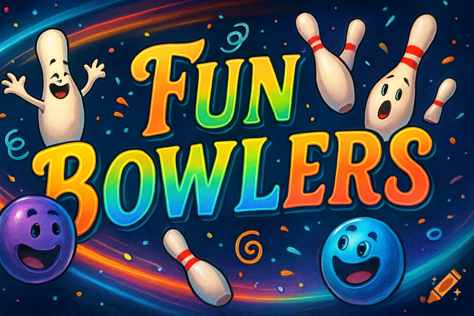 Colorful, cartoon illustration of bowling pins and balls with smiling faces around the text 'FUN BOWLERS' on a dark, confetti-filled background.