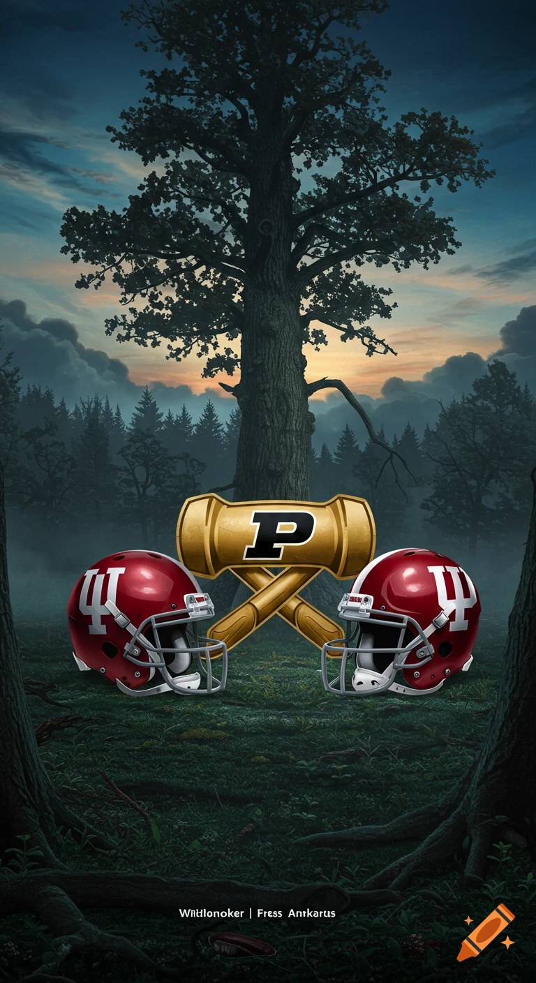 Two red football helmets with 'IU' logos flank a golden crossed gavel with a 'P', set against a large oak tree in a forest at dusk.