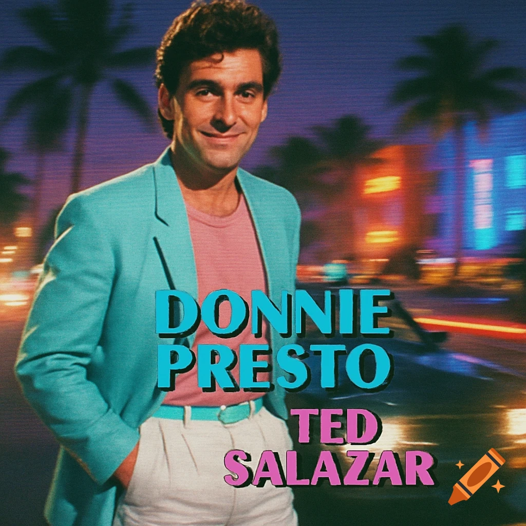 A man in a teal jacket and pink shirt with a smirk stands in front of a blurred 80s Miami cityscape with text overlays for a TV show.